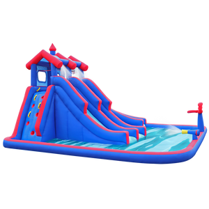 Inflatable Water Park with Large Water Slides and Basketball Hoop
