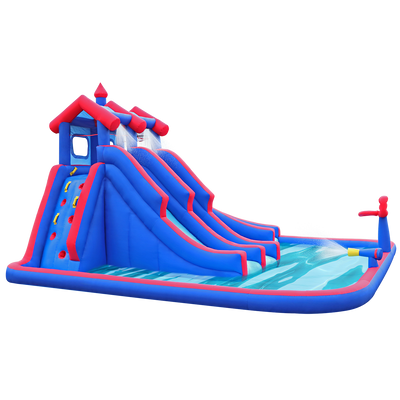 Inflatable Water Park with Large Water Slides and Basketball Hoop